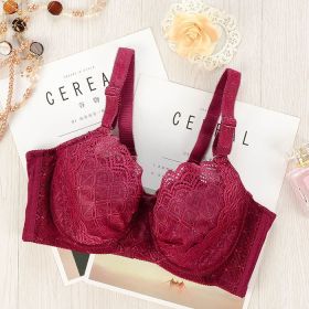 Back Button Thin Cotton Cup Lace Flower Edge Support Gathering Bra (Option: Wine Red-75B)