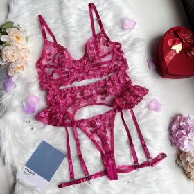 Love Embroidery Stitching Strap Sexy Lingerie Suit (Option: Rose Red-S)