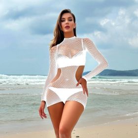 Women's Long-sleeved Hollow-out Fishnet Clothes Backless Hip Skirt (Option: White-Free Size)
