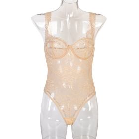 Women's One-piece Underwear European And American Style Lace Flowers Comfortable Close-fitting (Option: Khaki-S)