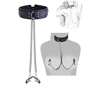 Faux Leather Choker Collar With Nipple Breast Clamp Clip Chain Couple SM Sex Toys For Woman Sex Tools For Couples Adult Games (Color: BLACK)