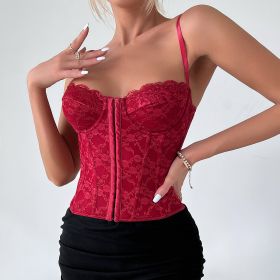 Sexy Solid Color Lace Sling Fishbone Steel Ring Wrapped Chest Breasted Vest (Option: Wine Red-M)