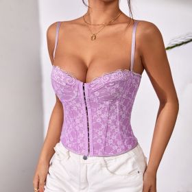 Sexy Solid Color Lace Sling Fishbone Steel Ring Wrapped Chest Breasted Vest (Option: Purple-L)
