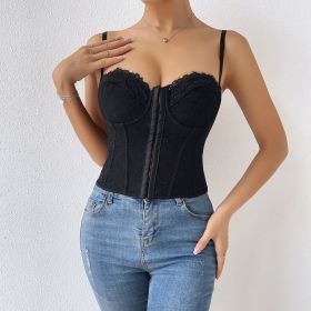 Sexy Solid Color Lace Sling Fishbone Steel Ring Wrapped Chest Breasted Vest (Option: Black-L)
