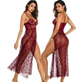 Underwear Long See-through High Slit Pajamas Nightgown Nightgown (Option: Wine Red With Thong-XXL)