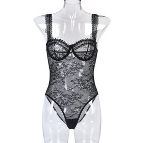 Women's One-piece Underwear European And American Style Lace Flowers Comfortable Close-fitting (Option: Black-L)