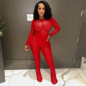 Lace Hollow Out See-through Jumpsuit Trousers Suit (Option: Red-L)