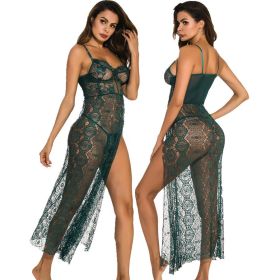 Underwear Long See-through High Slit Pajamas Nightgown Nightgown (Option: Dark Green With Thong-XXL)